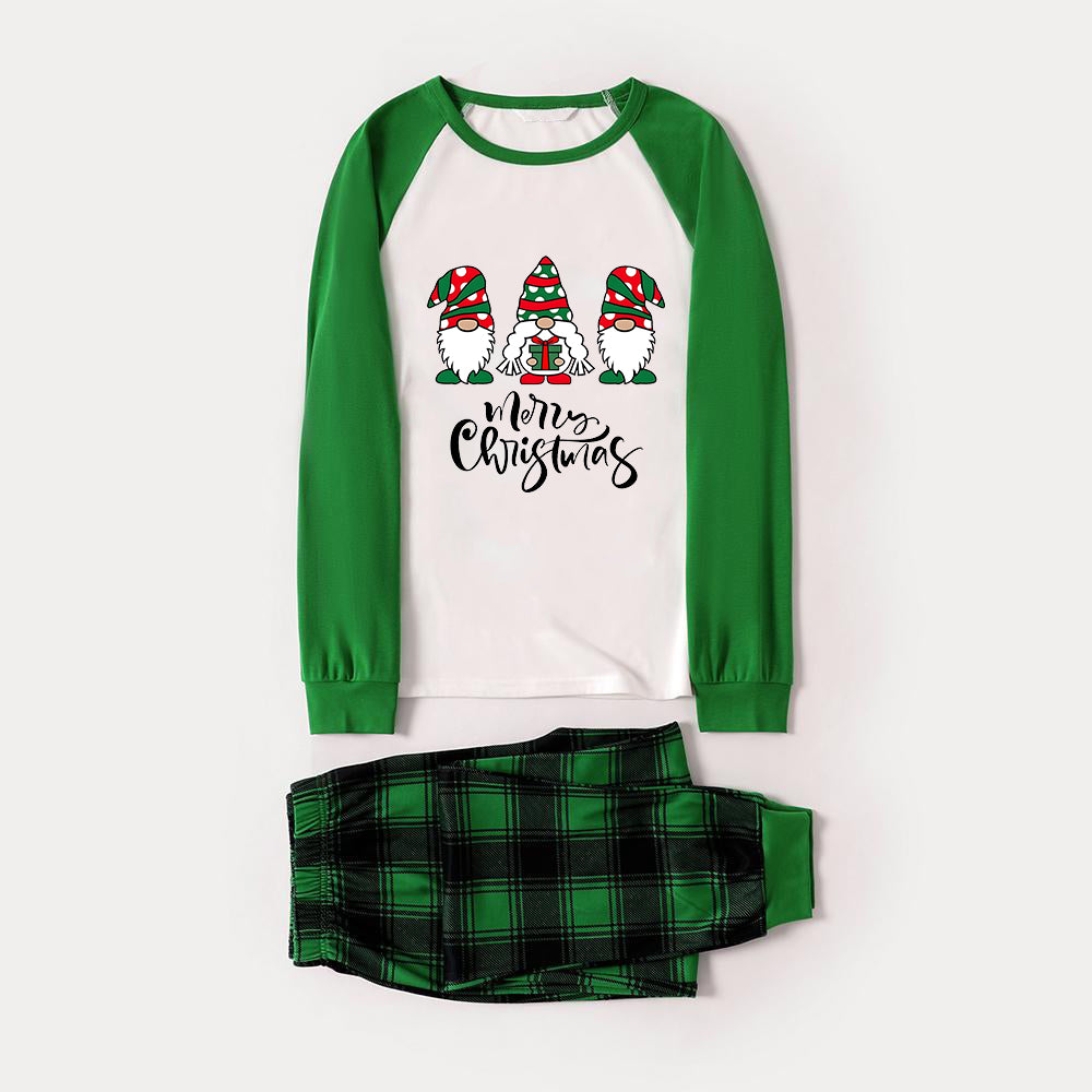 Merry Christmas Cute Gnome Print Casual Long Sleeve Sweatshirts Green Contrast Tops and Black and Green Plaid Pants  Family Matching Raglan Long-sleeve Pajamas Sets With Dog Bandana