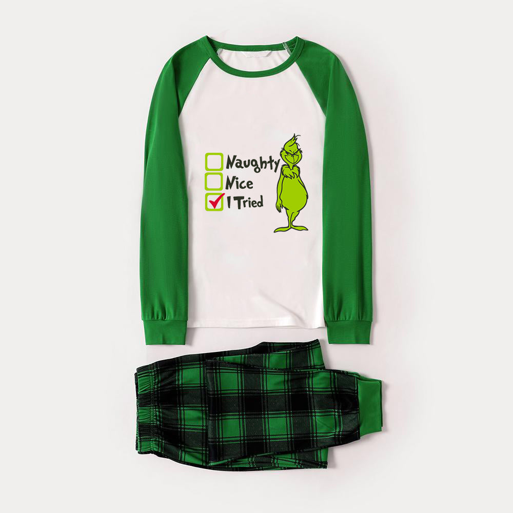 Christmas "Naughty&Nice& I Tried" Letter Print Patterned Casual Long Sleeve Sweatshirts Green Contrast Tops and Black and Green Plaid Pants Family Matching Raglan Long-sleeve Pajamas Sets With Pet Bandana