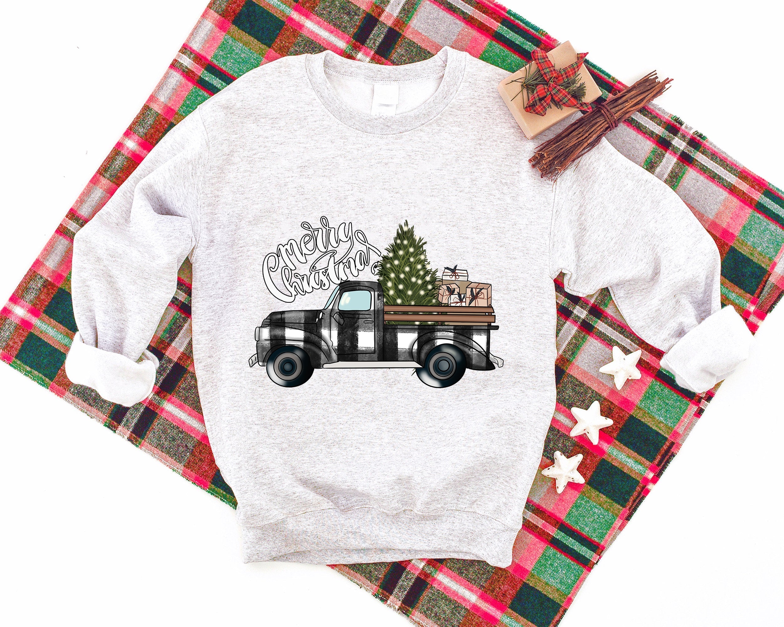 'Merry Chirstmas' Letter and ' A Car Of Gift' Pattern Family Christmas Matching Pajamas Tops Cute Light-gray Long Sleeve Sweatshirts With Dog Bandana