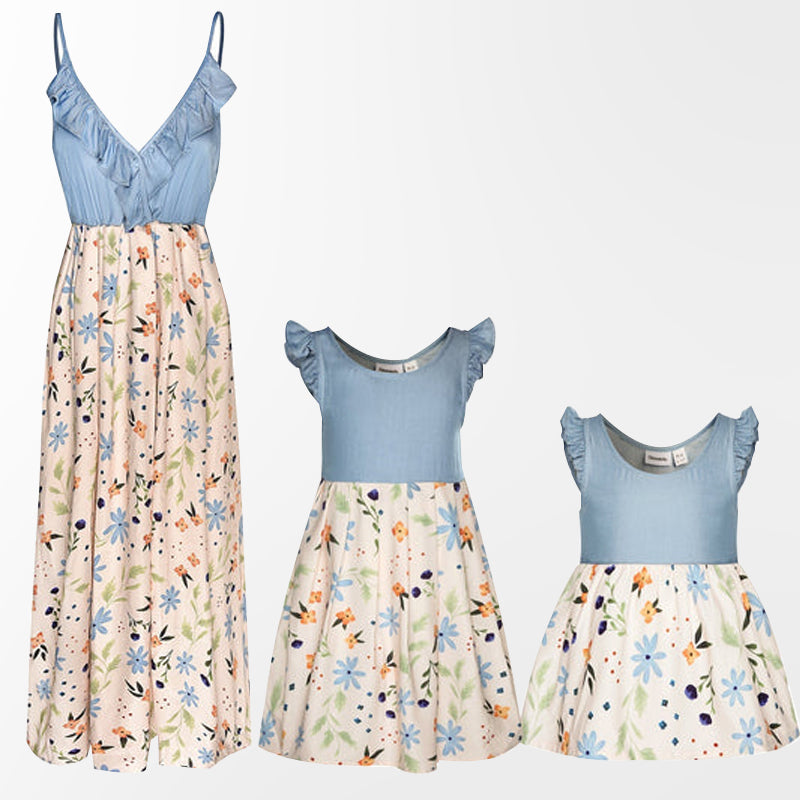 Denim Stitching Floral Print Matching Midi Mom & Me Dresses