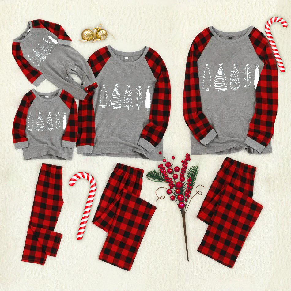 Multi- StylesChristmas Trees Patterned Grey Contrast Top and Black & Red Plaid Pants Family Matching Pajamas Set with Dog Bandana