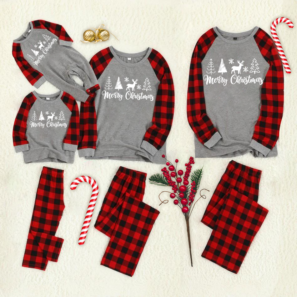 Christmas Tree & Deer Patterned "Merry Christmas" Letter Print Contrast top and Plaid Pants Family Matching Pajamas Set With Dog Bandana