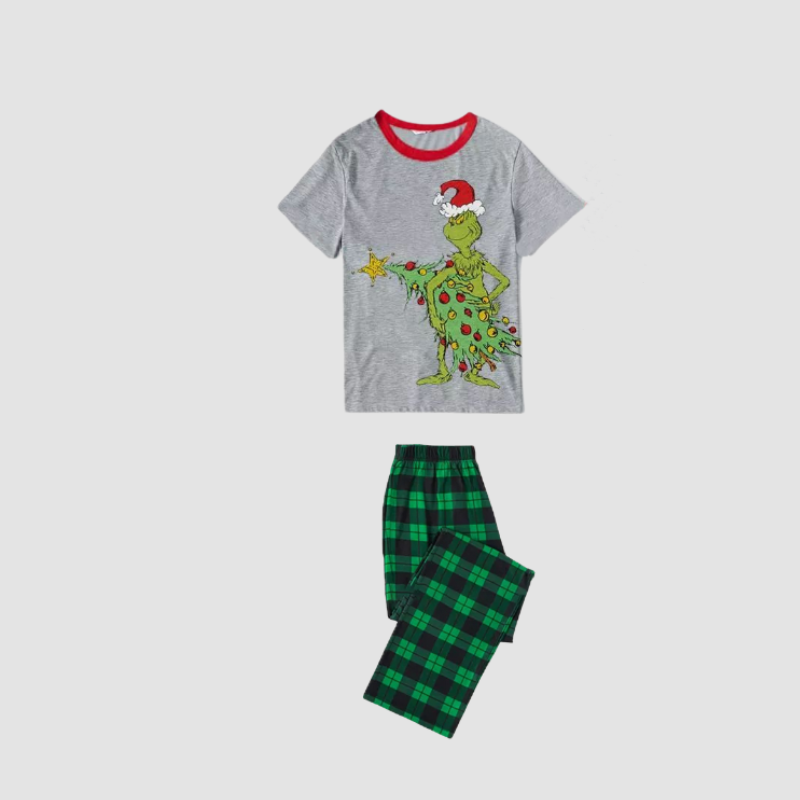 Christmas Cartoon and Tree Print Family Matching Raglan Short-sleeve Top and Plaid Pants Pajamas Sets