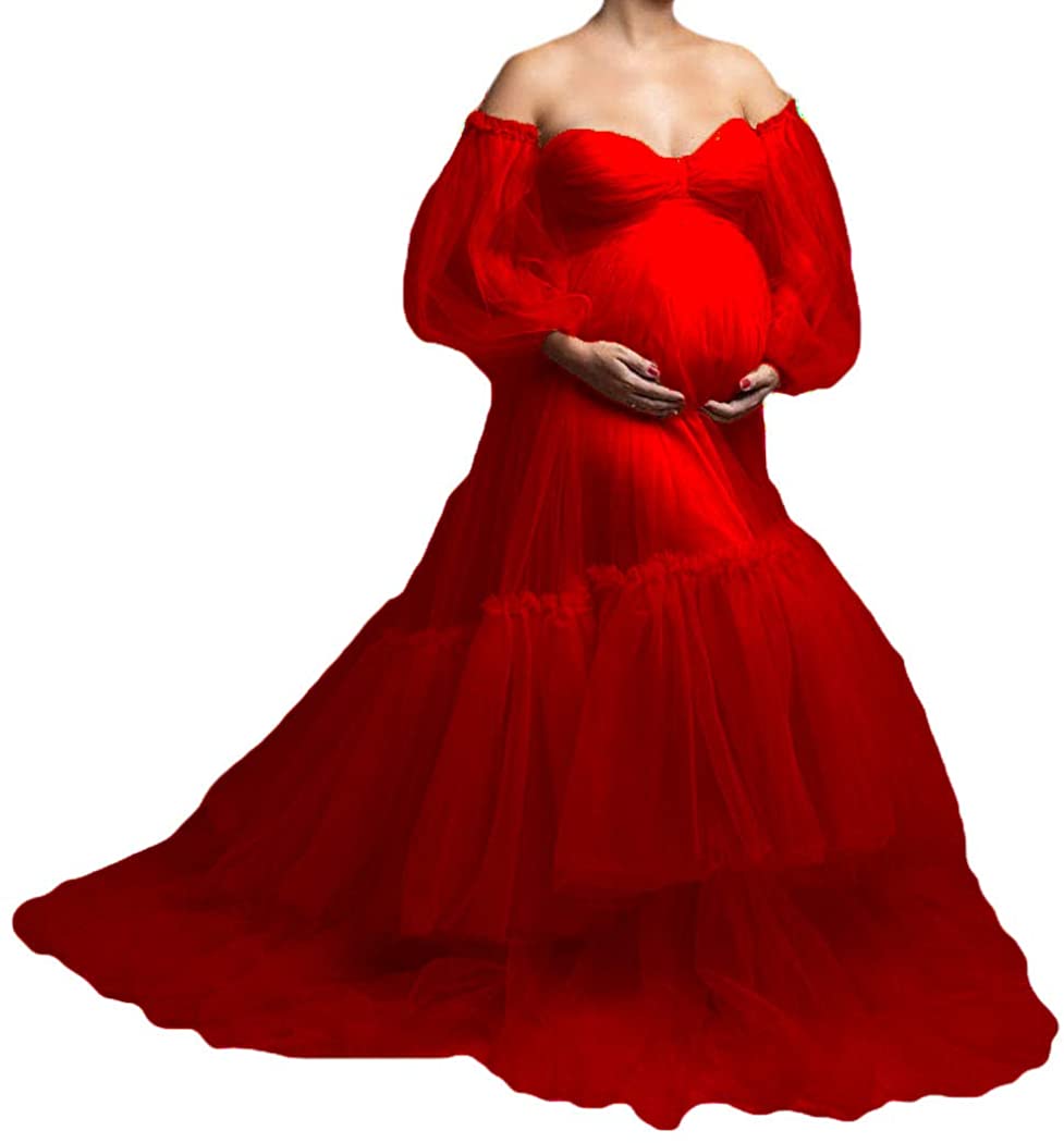 Women's Maternity Tulle Robe Sweetheart Long Sleeve Dress for Photoshoot