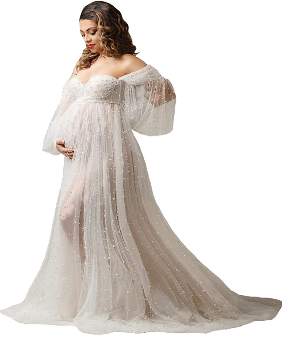 Off Shoulder Long Sleeve See Through Open Front Maternity Dresses for Photoshoot