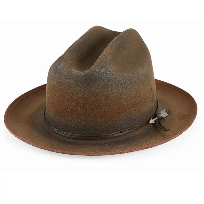 Wide Brim Fedora Hats for Men Women 100% Wool Felt Panama Rancher Hat with Lightning Logo Distressed/Burned Handmade