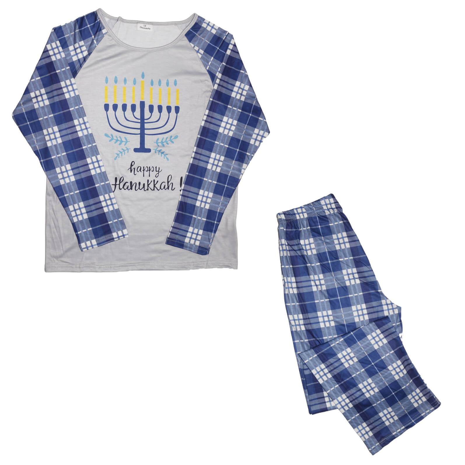 Happy Hanukkah Blue Plaid Family Chanukah Pajamas