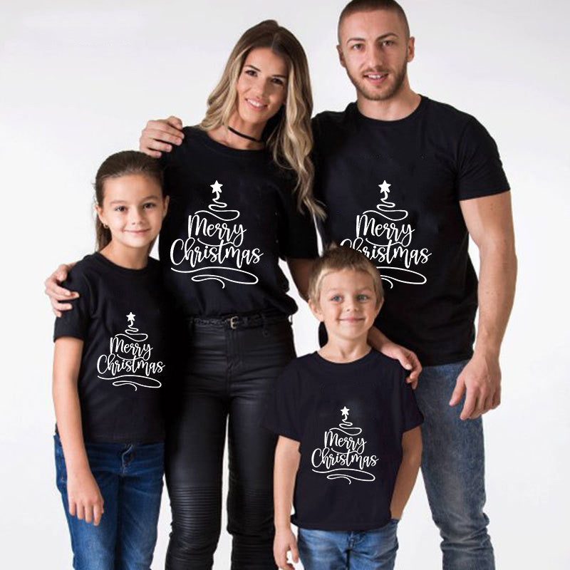 'Merry Chirstmas' Letter Pattern Family Christmas Matching Pajamas Tops Cute Black Short Sleeve T-shirts With Dog Bandana