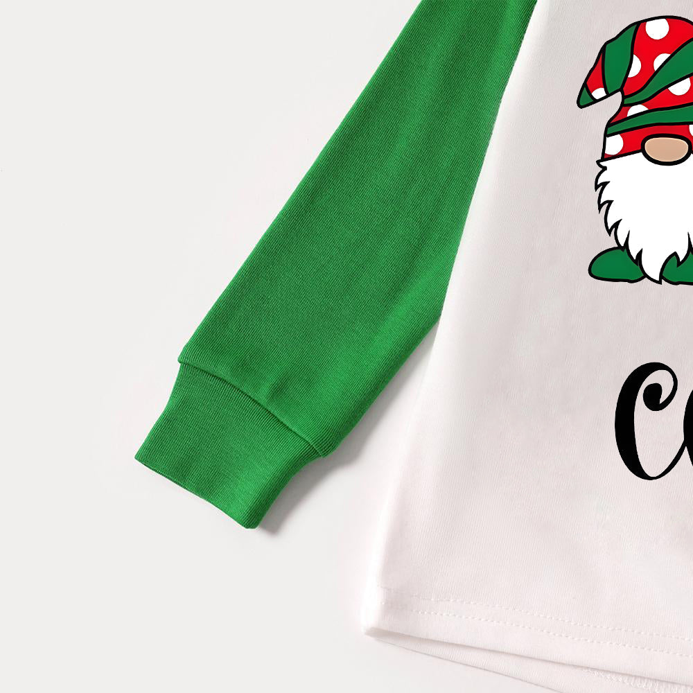 Merry Christmas Cute Gnome Print Casual Long Sleeve Sweatshirts Green Contrast Tops and Black and Green Plaid Pants  Family Matching Raglan Long-sleeve Pajamas Sets With Dog Bandana