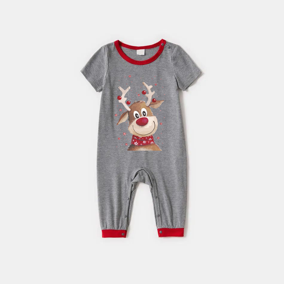 Short Sleeve Christmas Family Matching Pajamas Sets Christmas Deer Print Grey Top and Plaid Pants