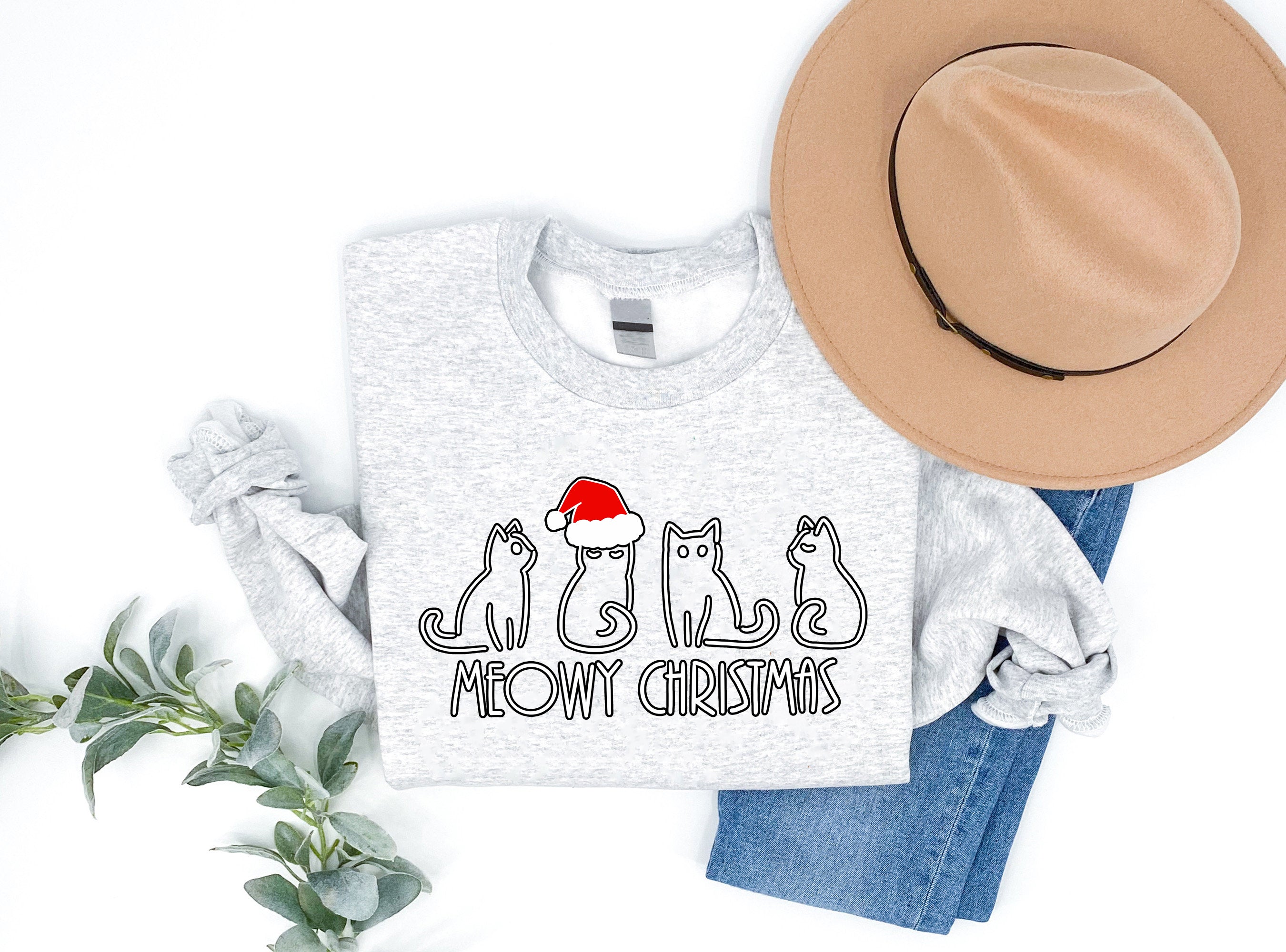 4 Cats 'Meowy Chirstmas' Pattern Family Christmas Matching Pajamas Tops Cute Gray Long Sleeve Sweatshirts With Dog Bandana