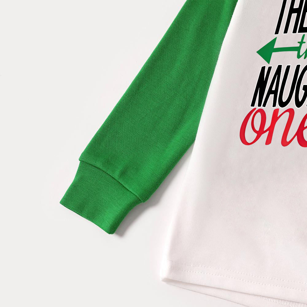 'Dear Santa Ther Are The Naughty One' Letter Print Casual Long Sleeve Sweatshirts Green Contrast Tops and Black and Gren Plaid Pants  Family Matching Raglan Long-sleeve Pajamas Sets With Dog Bandana