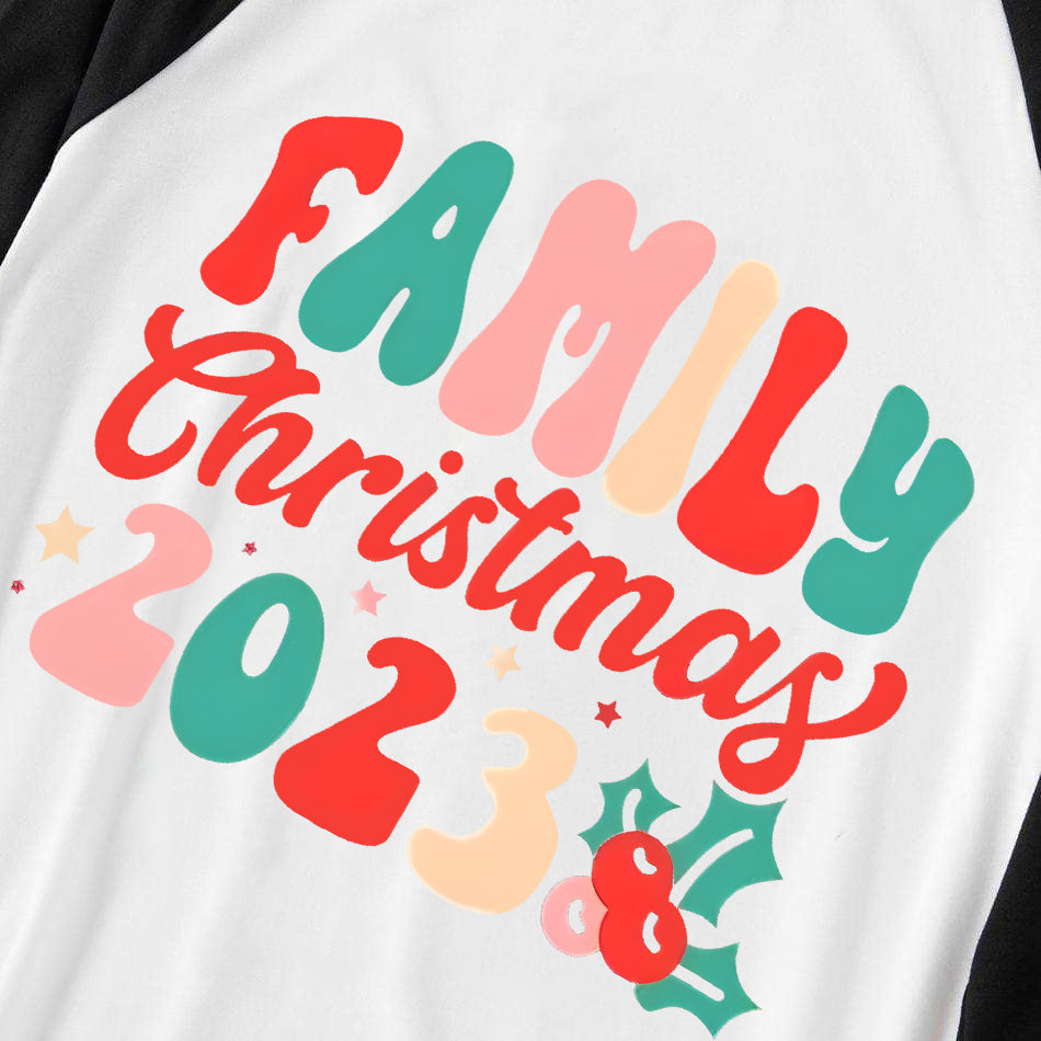 Christmas ‘ Family Christmas 2023’ Letter Print Patterned Casual Long Sleeve Sweatshirts Black Contrast Top and Black and Gren Plaid Pants Family Matching Pajamas Sets With Dog Bandana