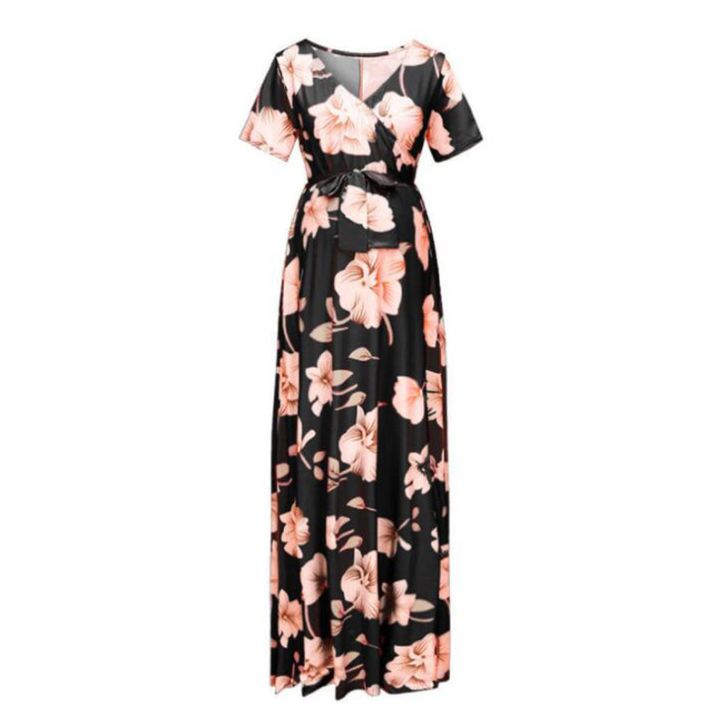 Stylish Floral Print Short-sleeve Maternity Maxi Dress
