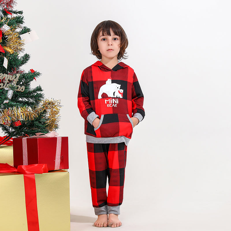 Christmas Bear Print Family Matching Plaid Print Drawstring Hoodie & Pants PJ Set