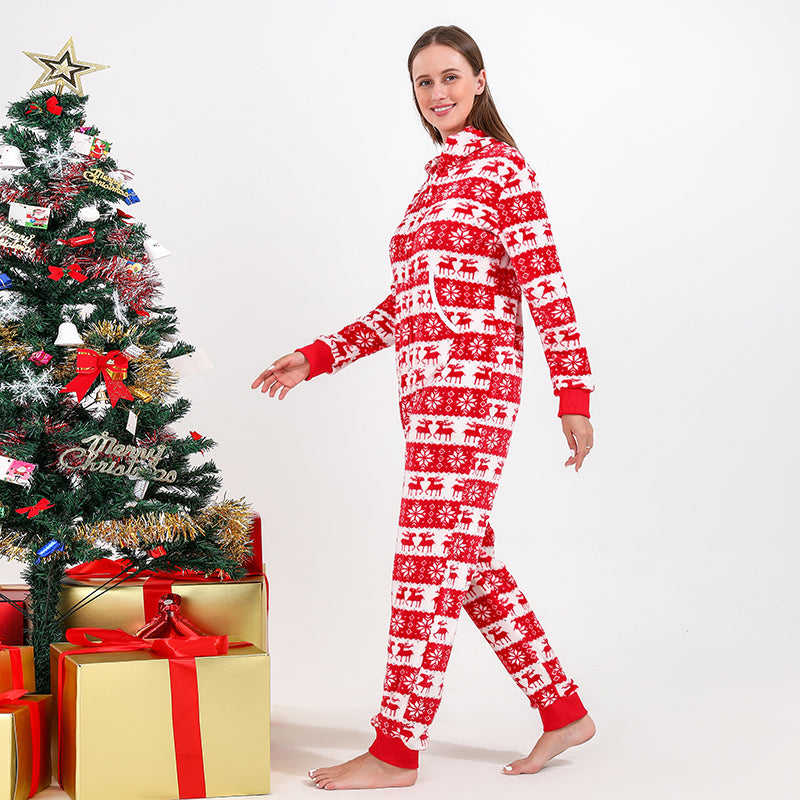 Christmas Family Matching Long-sleeve Hooded Zip Flannel Onesies Pajamas Sets