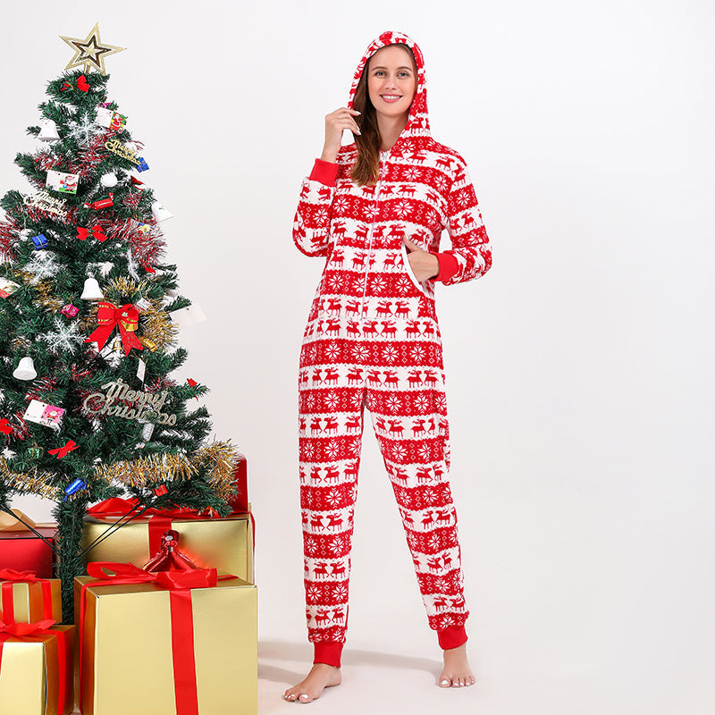 Christmas Family Matching Long-sleeve Hooded Zip Flannel Onesies Pajamas Sets