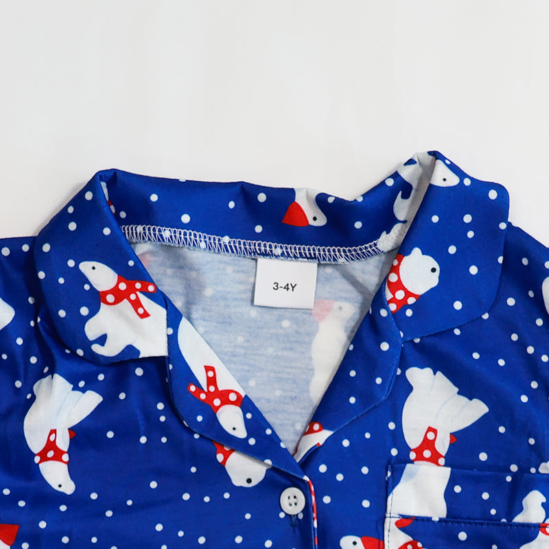 Christmas Bear Print Blue Button Up Pajamas Set