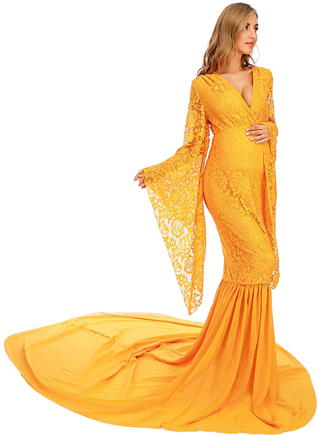 Deep V Neck Flared Sleeve with Long Chiffon Train Lace Dress Maternity Gown for Photography