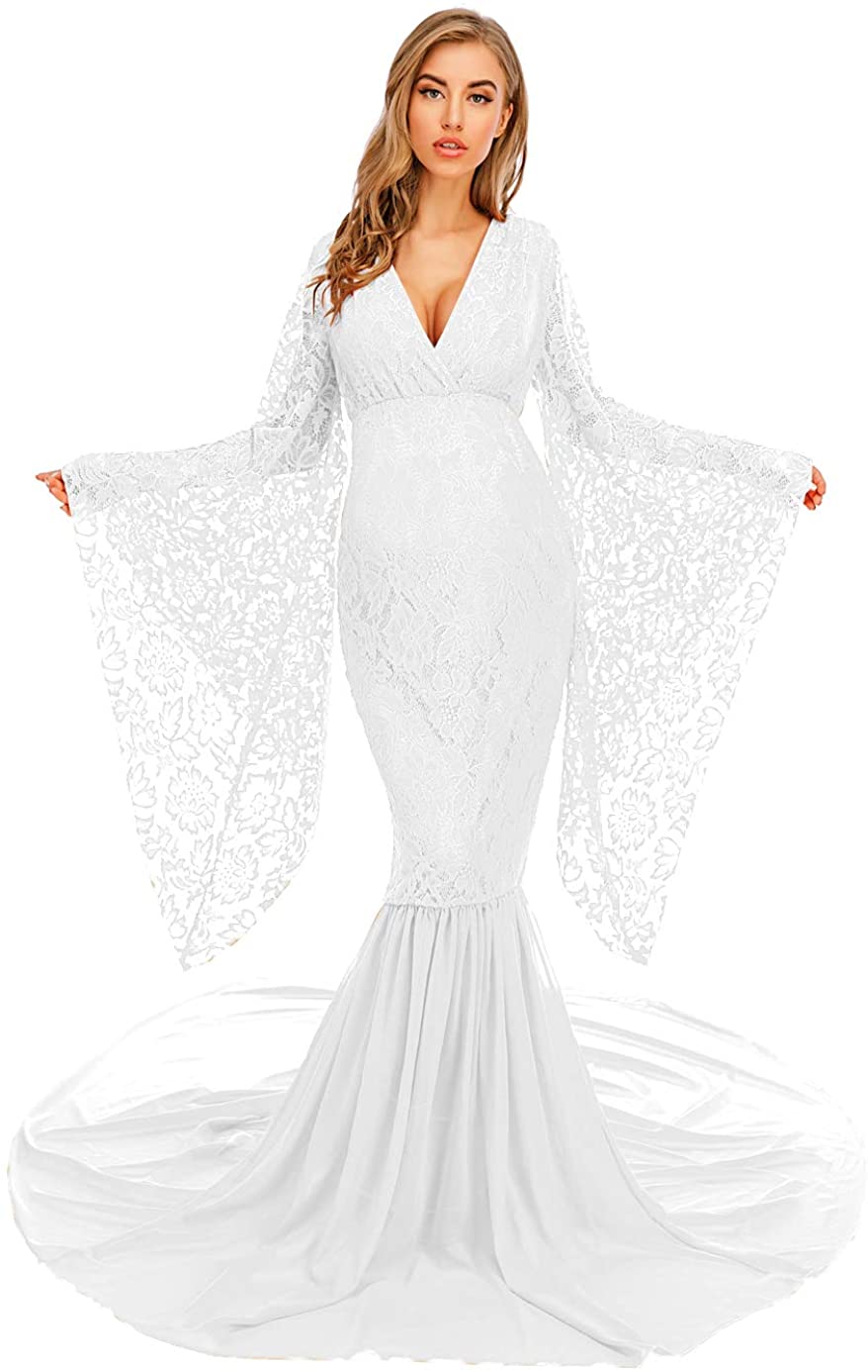 Deep V Neck Flared Sleeve with Long Chiffon Train Lace Dress Maternity Gown for Photography