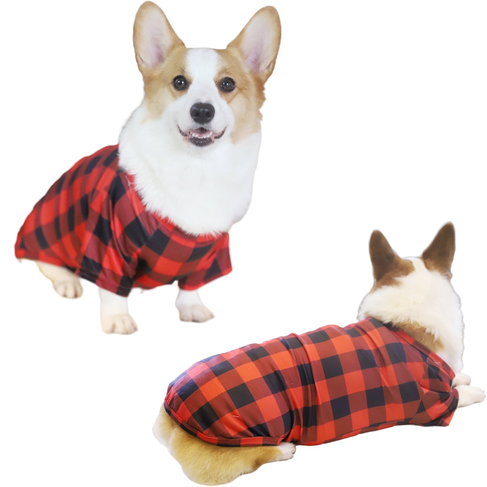 Christmas Dog Wearing Christmas Hat Patterned  Print Patterned Contrast Black top and Black & Red Plaid Pants Family Matching Pajamas Set