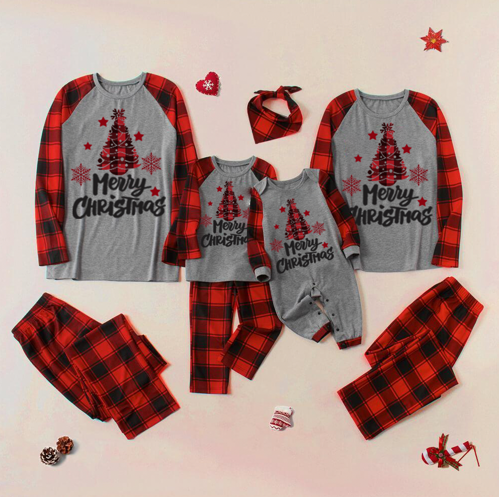 Merry Christmas Letter Tree Print All Black&Red Plaid Family Matching Pajamas With Dog bandana