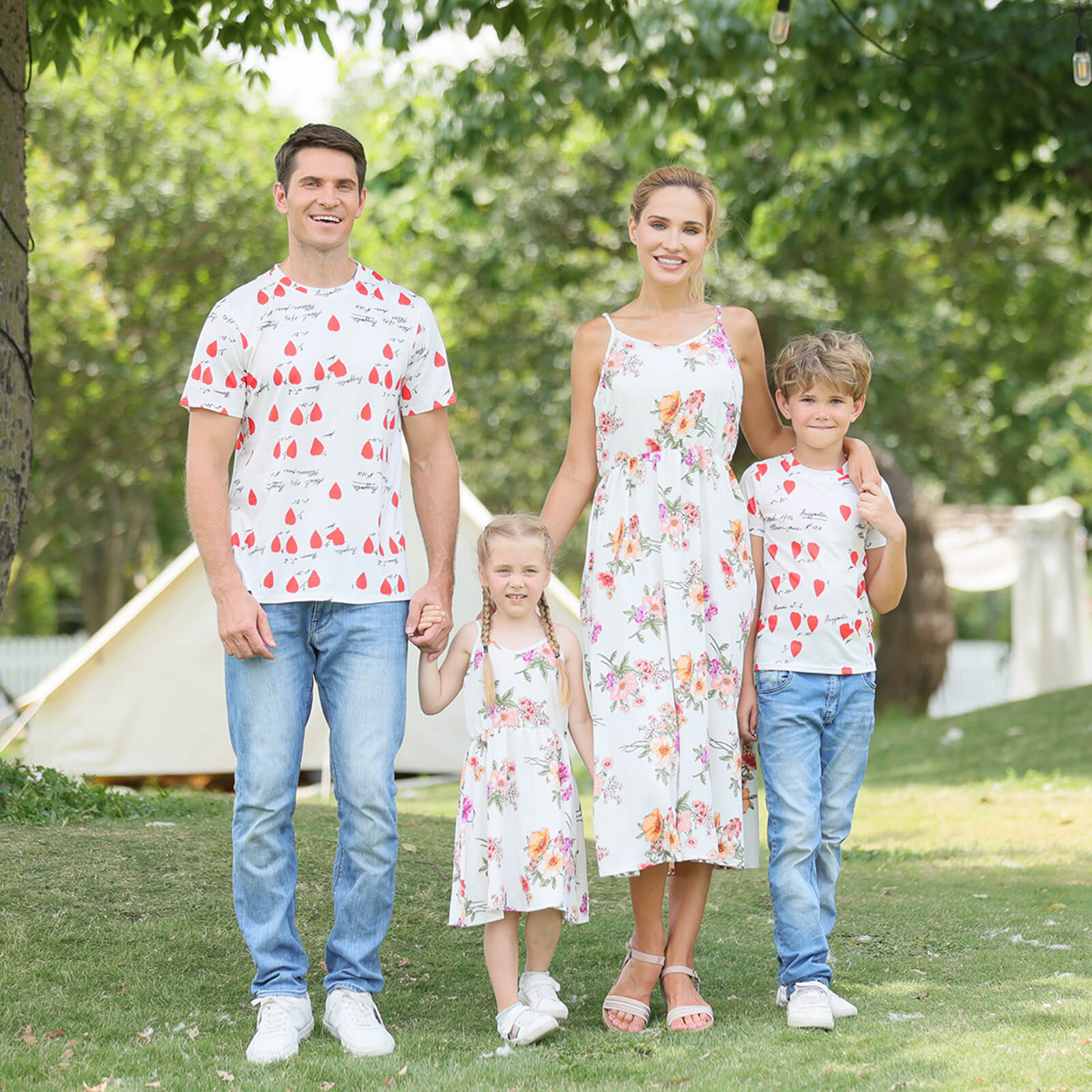 Floral Print Family Matching Tops(Sling Dresses for Mom and Girl-Raglan Sleeves T-shirts for Dad and Boy)TM001