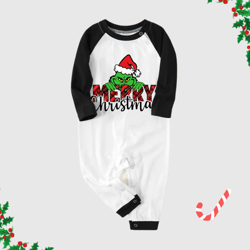 Christmas Cartoon Face ‘Merry Christmas'  Print Splice Contrast Top and Plaid Pants Family Matching Pajamas Sets