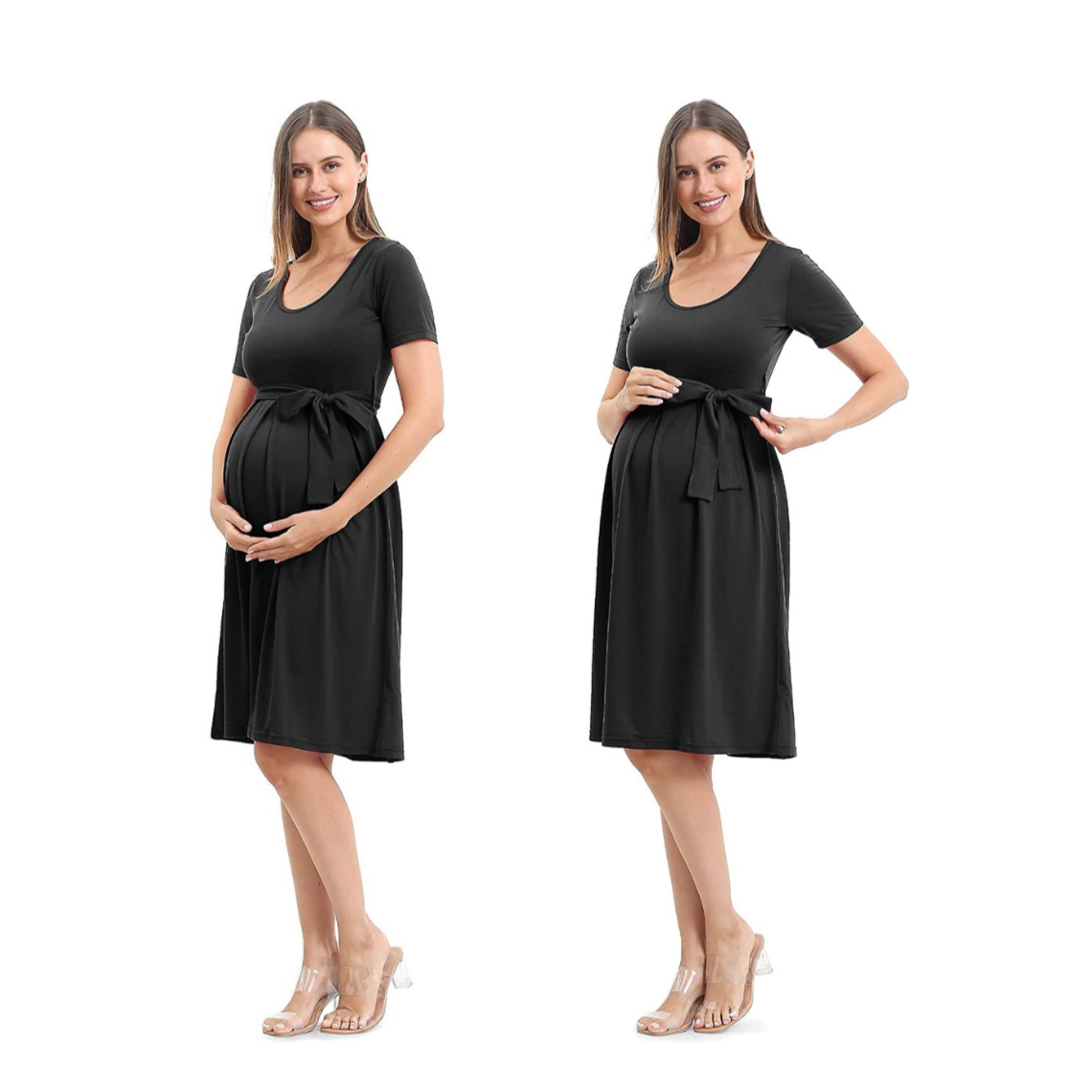 Short-sleeve Knee Length with Belt Maternity Dress