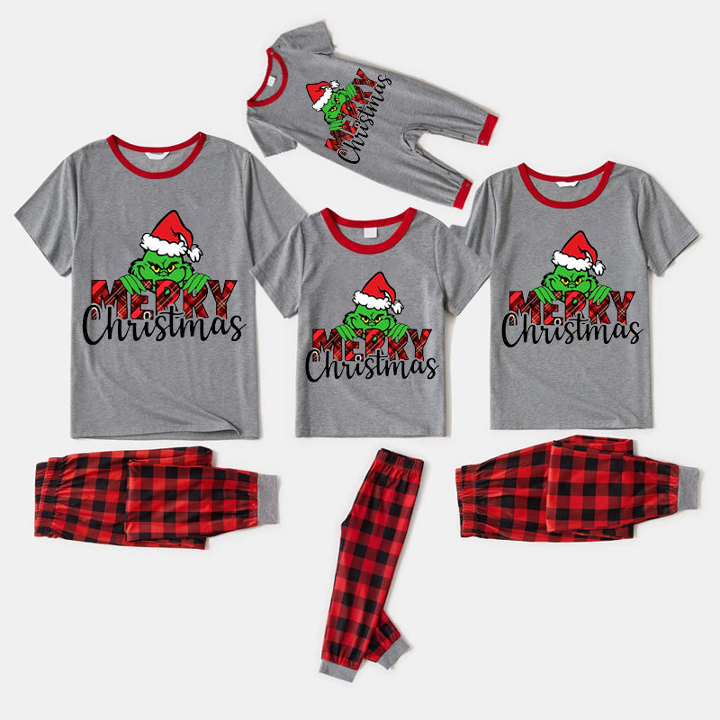 Christmas Cartoon Face ‘Merry Christmas'  Print Family Matching Raglan Short-sleeve Top Long Pants Pajamas Sets