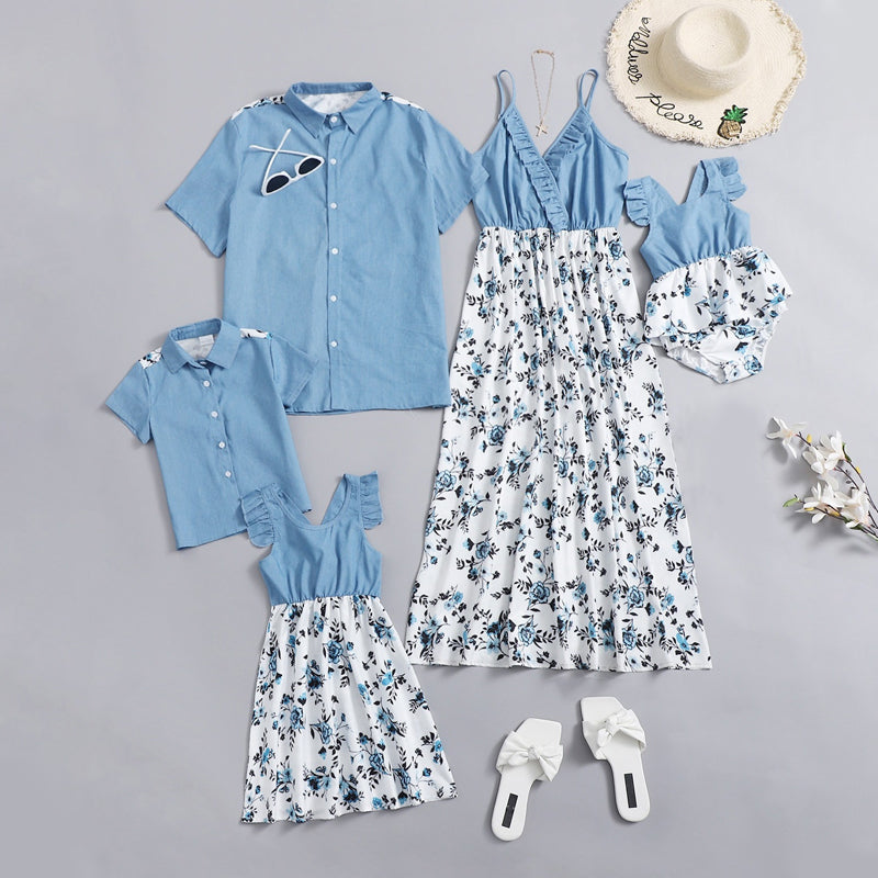 Denim Patchwork Family Flowers Pattern Matching Sets in light Blue