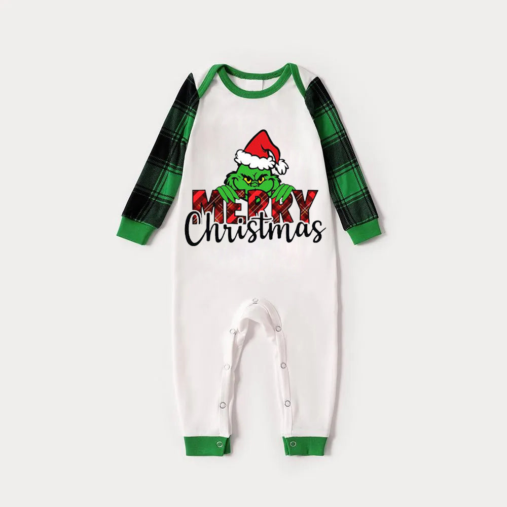 Christmas Cartoon and “Merry Christmas” Letter Print Family Matching Raglan Long-sleeve Pajamas Sets
