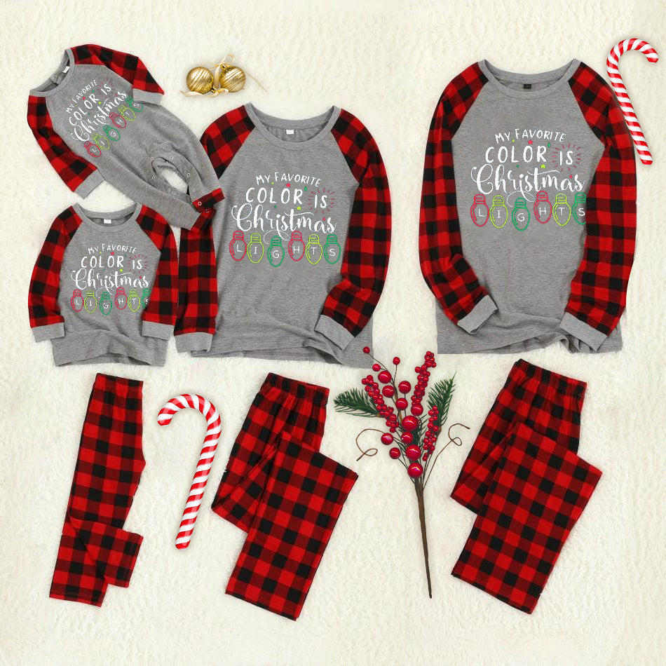 'My Favorite Color is Christmas Lights' Letter Print Light Bulb Patterned Grey Contrast top and Black & Red Plaid Pants Family Matching Pajamas Set With Dog Bandana