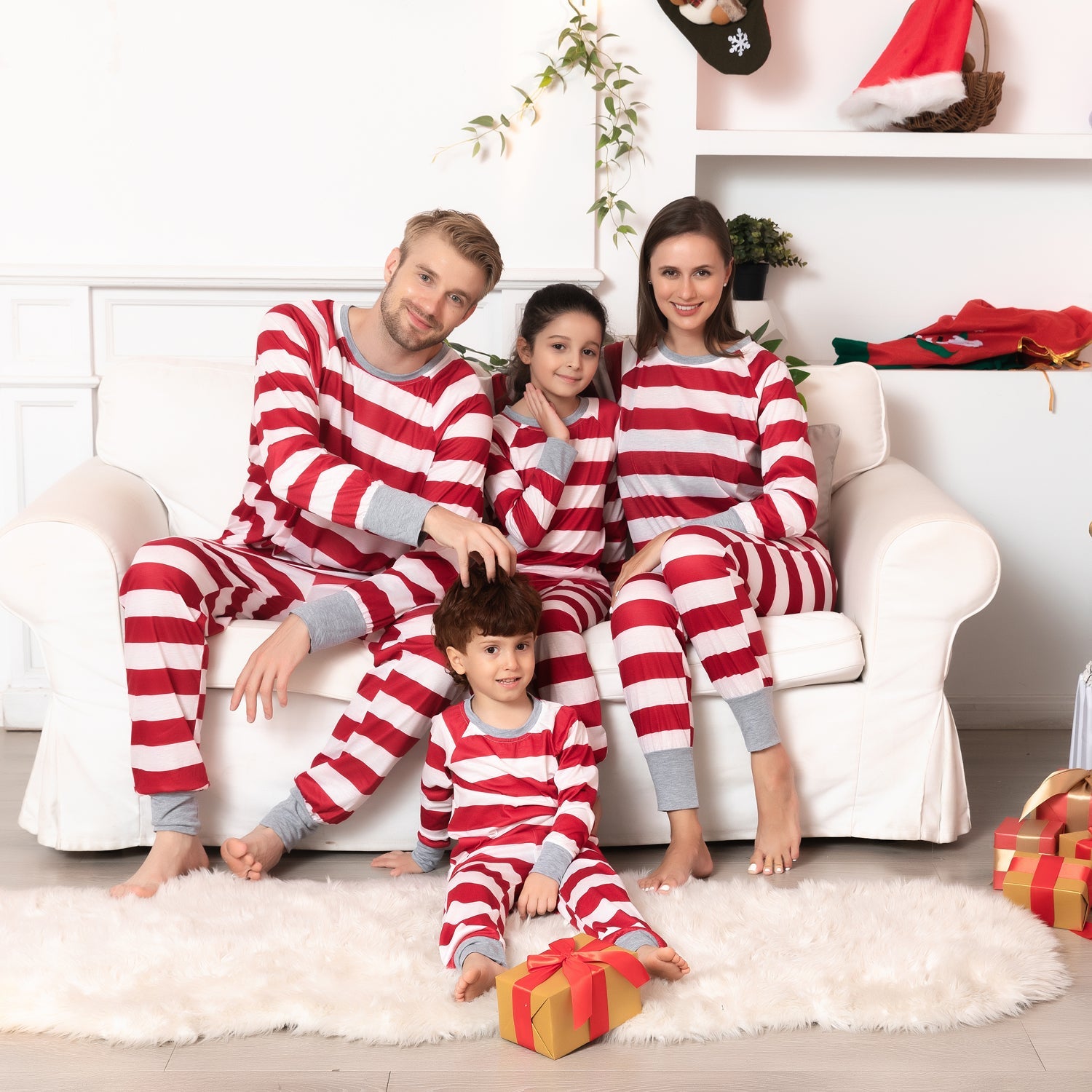 Family Matching Red Sripe Print Christmas Family Look Pajama Set