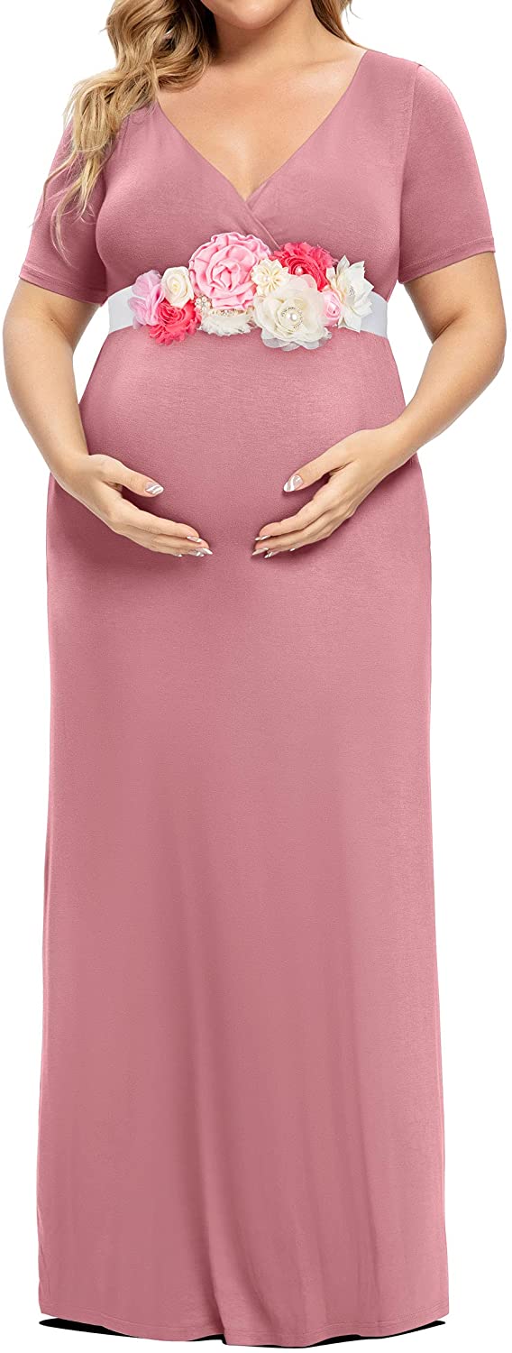 Maternity Maxi Dress with Floral Belt (S-3XL)/Wrap Pleated V-Neck Photo Baby Shower Dress