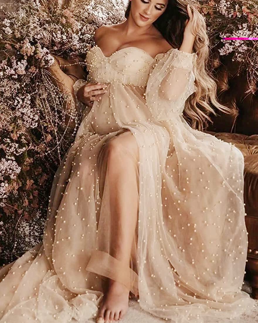 Off Shoulder Long Sleeve See Through Open Front Maternity Dresses for Photoshoot