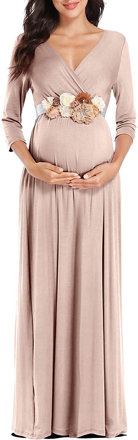 Maternity Maxi Dress with Floral Belt (S-3XL)/Wrap Pleated V-Neck Photo Baby Shower Dress