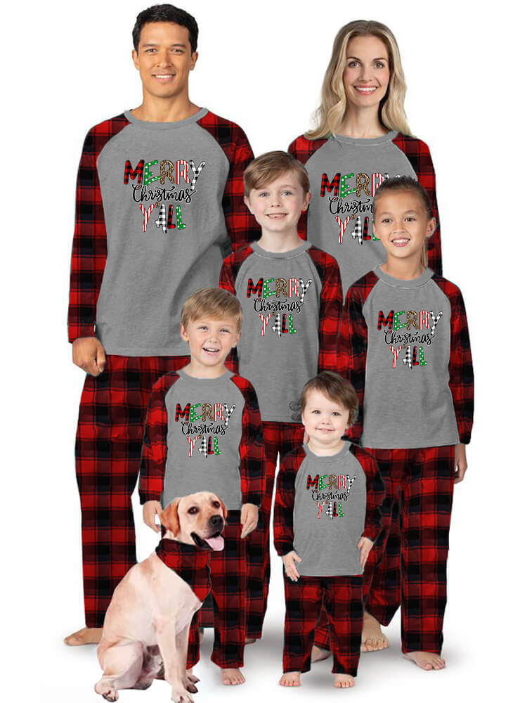 Merry Christmas Y All Black&Red Plaid Family Matching Pajamas With Dog Bandana