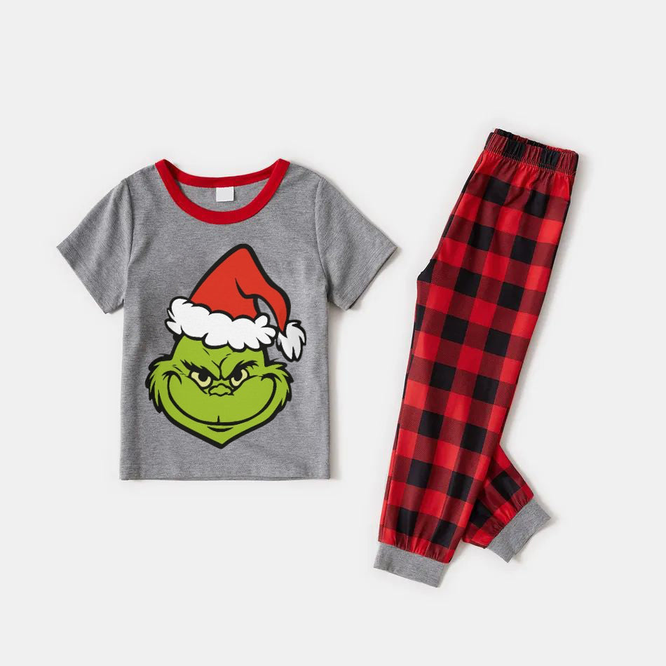 Christmas Cartoon Face Wearing Christmas Hat Print Family Matching Raglan Short-sleeve Top Long Pants Pajamas Sets