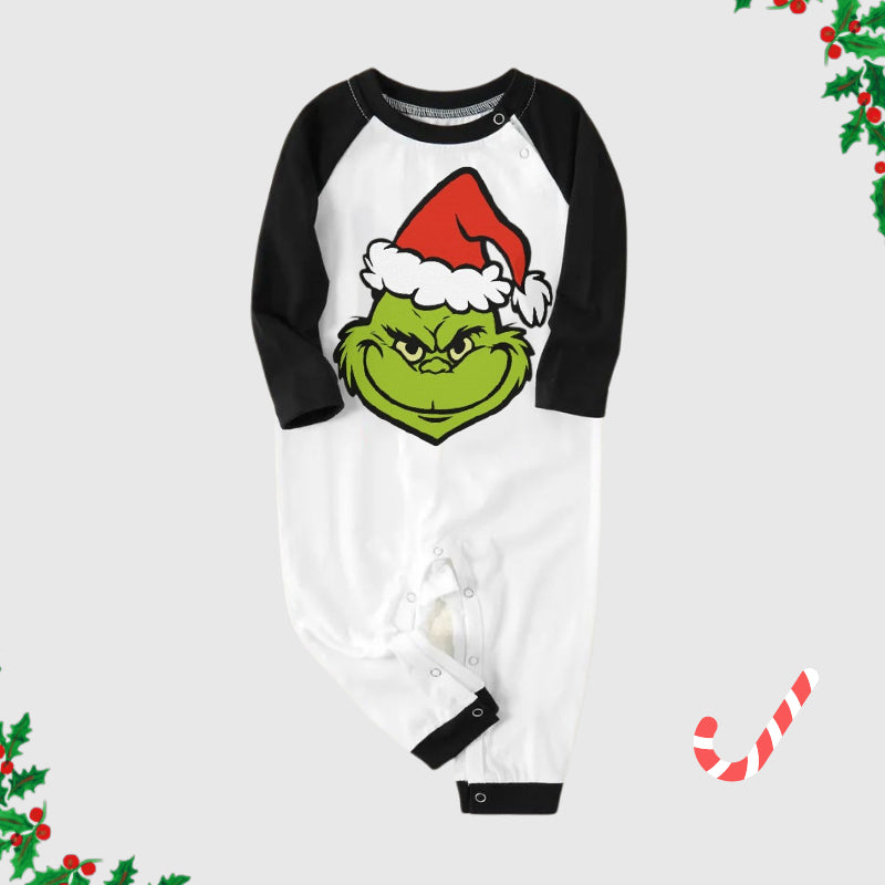Christmas Smile Cartoon Print Splice Contrast Top and Black and Gren Plaid Pants Family Matching Pajamas Sets