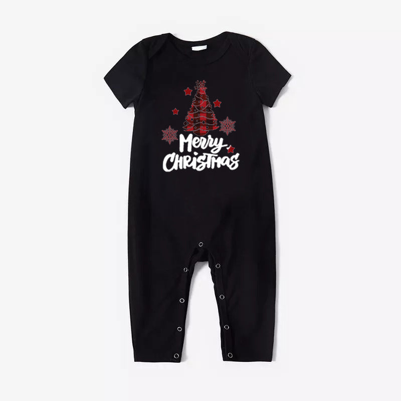 Short Sleeve Merry Christmas Letter Grey Top with Black and Red Plaid Pants Family Matching Pajamas Set