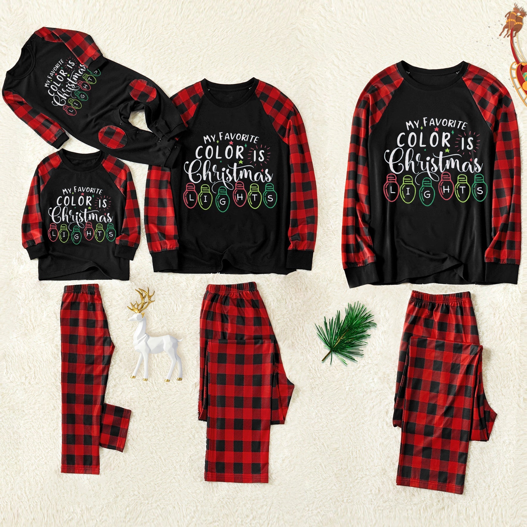 'My Favorite Color is Christmas Lights' Letter Print Light Bulb Patterned  Contrast Black top and Black & Red Plaid Pants Family Matching Pajamas Set With Dog Bandana