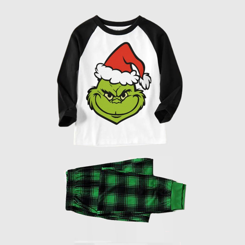 Christmas Smile Cartoon Print Splice Contrast Top and Black and Green Plaid Pants Family Matching Pajamas Sets