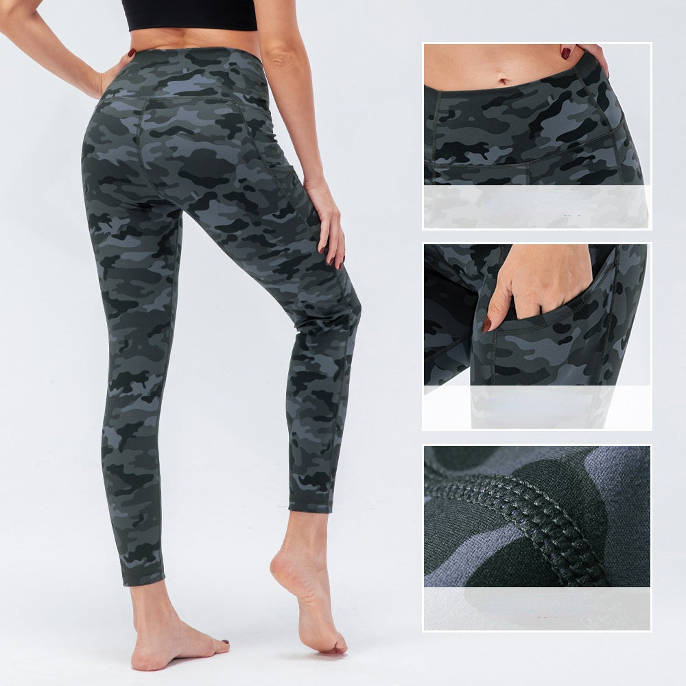 Ladies Solid Color/Camouflage Printed High Waist Leggings Yoga Pants with Pockets 02343