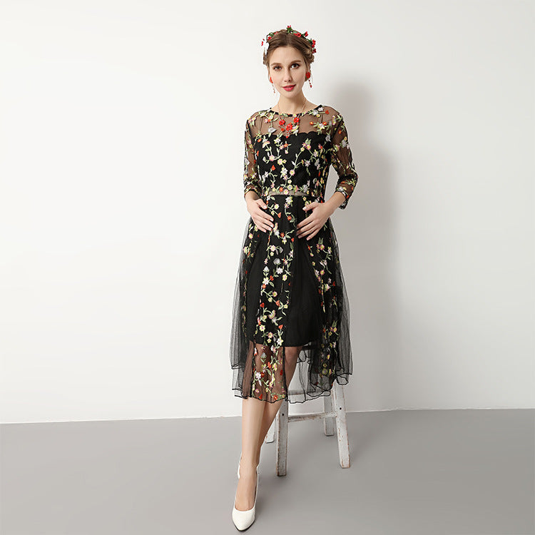 Maternity Floral Embroidery Chiffon Dress for Photoshoot