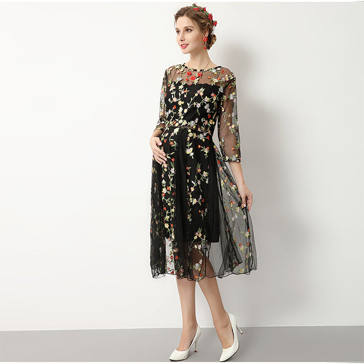 Maternity Floral Embroidery Chiffon Dress for Photoshoot