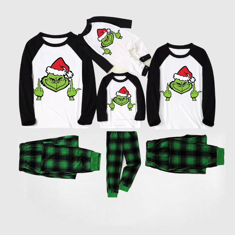 Christmas Hat Cartoon Print Splice Contrast Top and Black and Green Plaid Pants Family Matching Pajamas Sets
