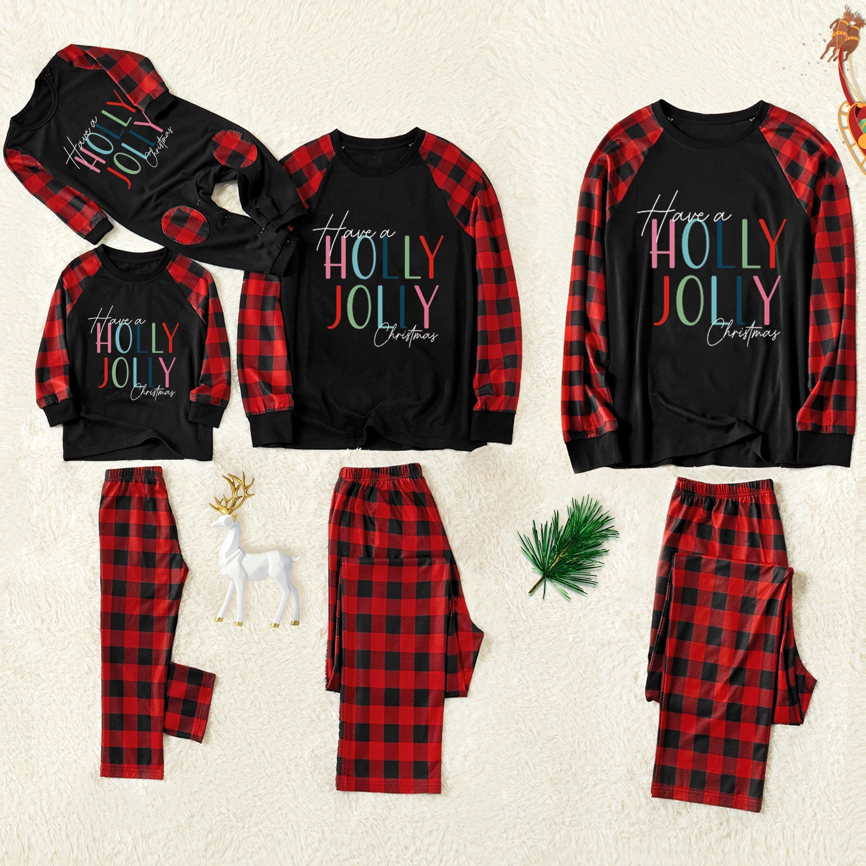 'Have a Holly Jolly Christmas' Letter Print Patterned  Contrast Black top and Black & Red Plaid Pants Family Matching Pajamas Set With Dog Bandana