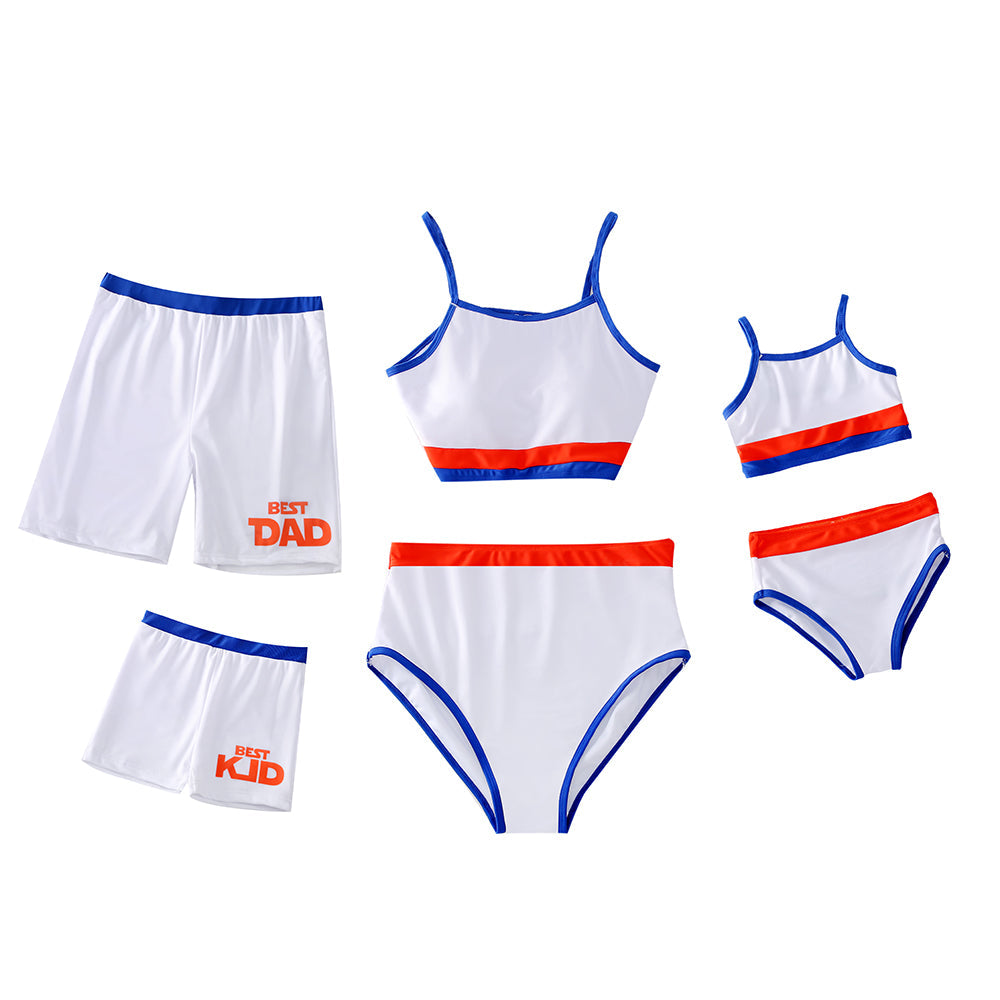 Family Matching Letter Print Swim Trunks Shorts and Spaghetti Strap Ribbed Two-Piece Swimsuit