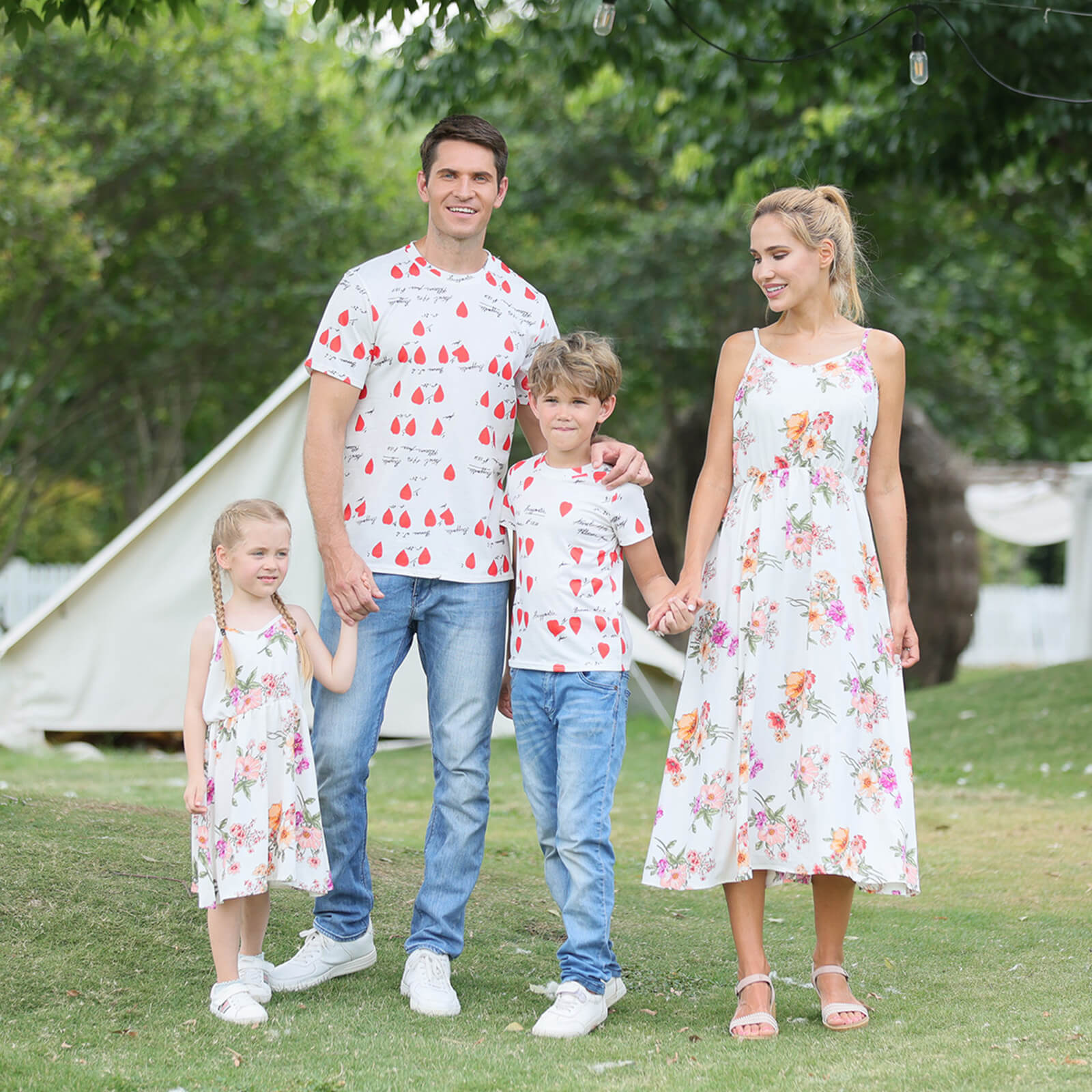 Floral Print Family Matching Tops(Sling Dresses for Mom and Girl-Raglan Sleeves T-shirts for Dad and Boy)TM001